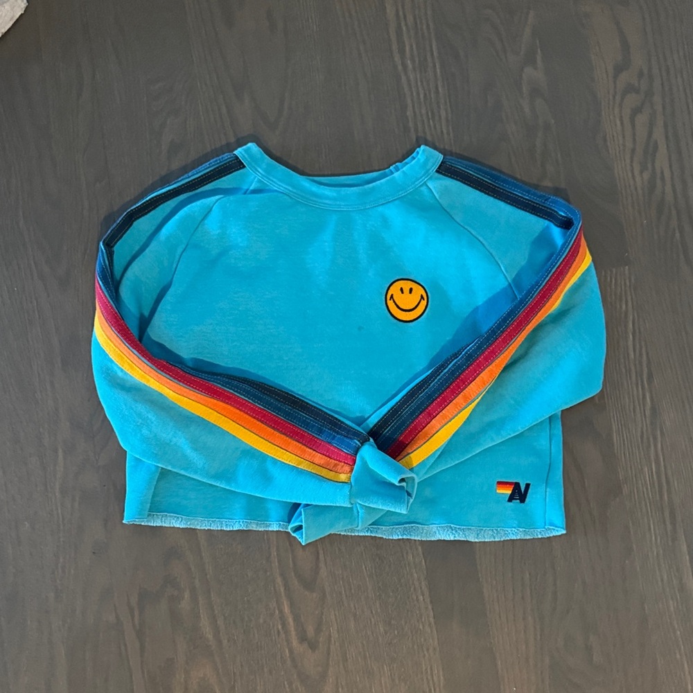 Aviator Nation Blue Kids Sweatshirt with Rainbow Stripes